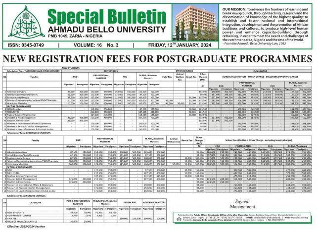 ABU Zaria Has Announced a New Registration Fee Schedule for Postgraduate Students